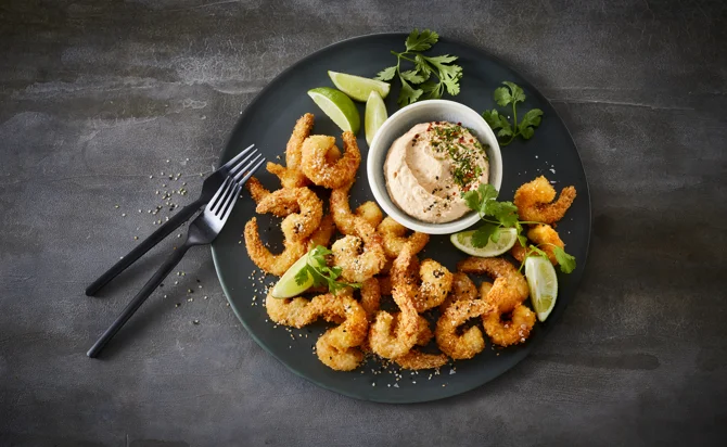 Coconut shrimp with Castello® Chili & Ginger Cream Cheese dip