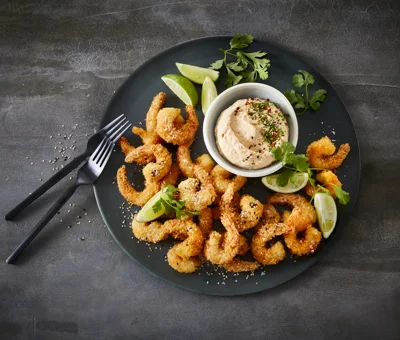 Coconut shrimp with Castello® Chili & Ginger Cream Cheese dip