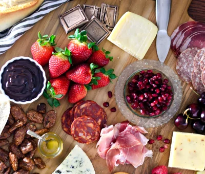 Dessert cheese board with dark chocolate chili ganache