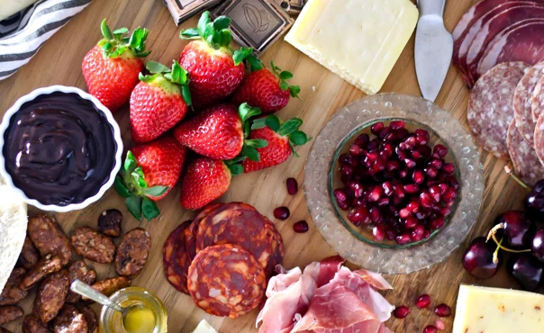 Dessert cheese board with dark chocolate chili ganache