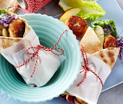 Chicken meatballs with red cabbage salad in flatbread