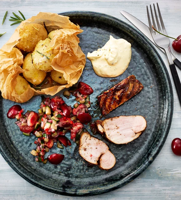 Grilled pork tenderloin with spicy cherry salsa and smoked potatoes