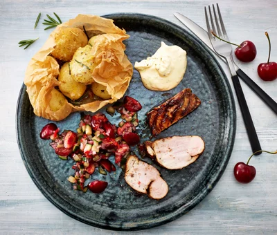 Grillet svinemørbrad med spicy kirsebærsalsa og røgede kartofler