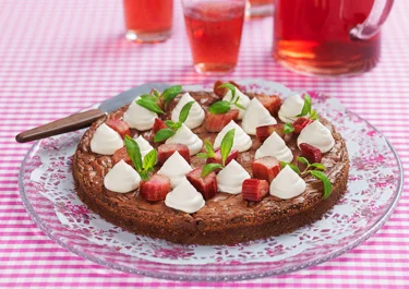 Kladdkaka med mynta och rabarber