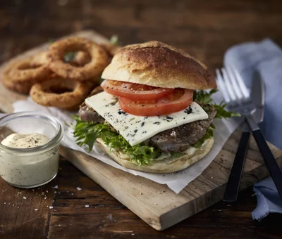 Burger Blue Cheese Burger with Onion Rings