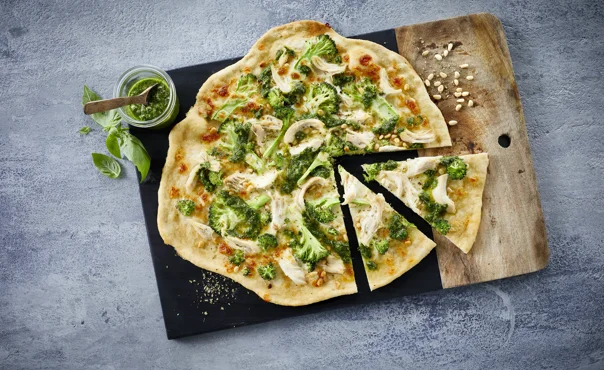 Pizza with chicken and pesto