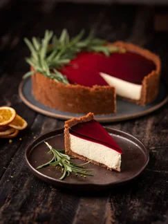 Cheesecake de Noël gourmand à la noix de muscade et coulis cerise-cassis