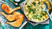 Kyllingelår i ovn med cremede grønkålskartofler