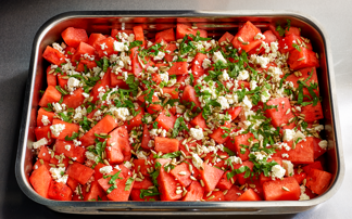 Melonsalat med white cheese (feta ost) och mynte