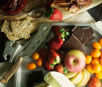 Cheese board for two with strawberry balsamic black pepper jam