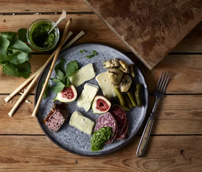 Double Cream Brie with salami, figs, pate, mixed pickles and pesto