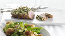 Gratineret skinkemignon med pestokartofler