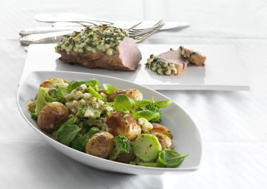Gratineret skinkemignon med pestokartofler