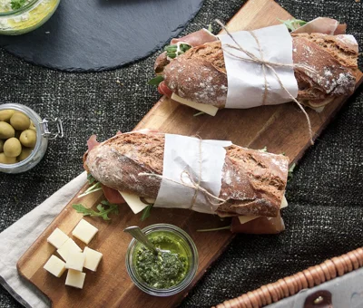 Picnic sandwich with cheddar and parma ham