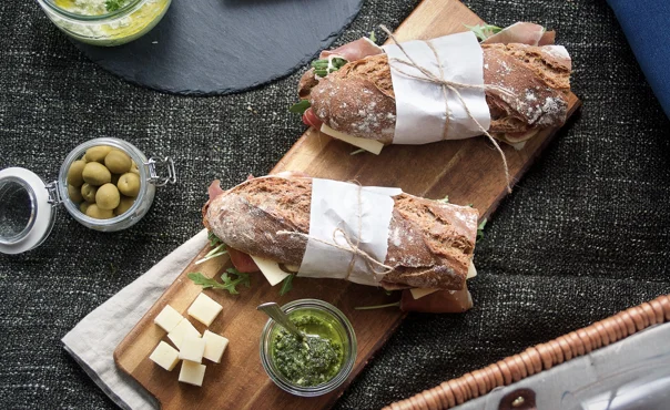 Picnic sandwich with aged havarti and parma ham
