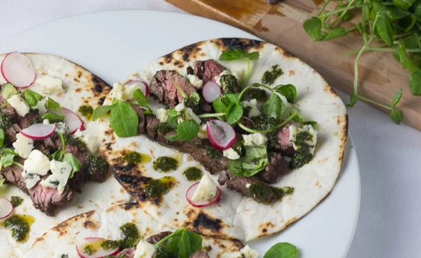 Balsamic skirt steak tacos with Blue Cheese chimichurri