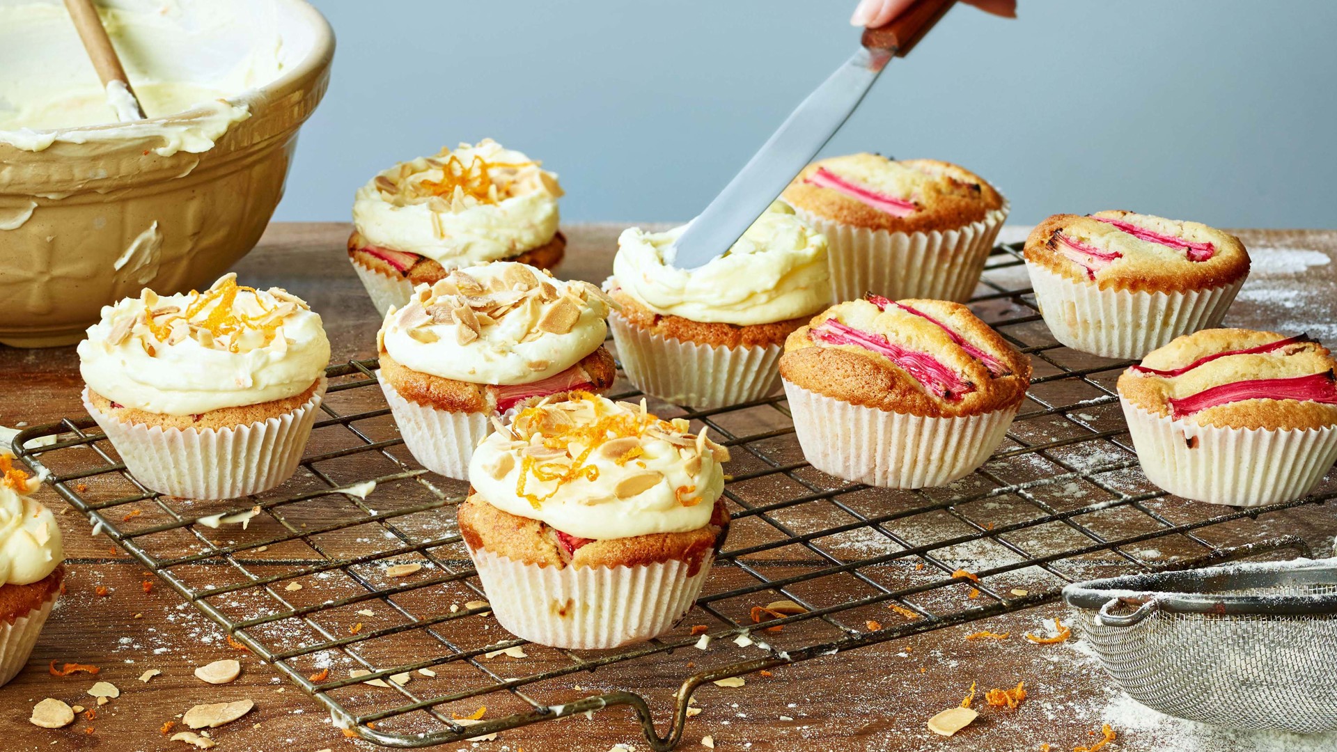 Rhubarb, almond and ginger cupcakes with orange buttercream icing