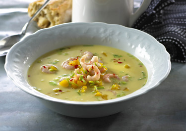 Suppe med rejer og fersken