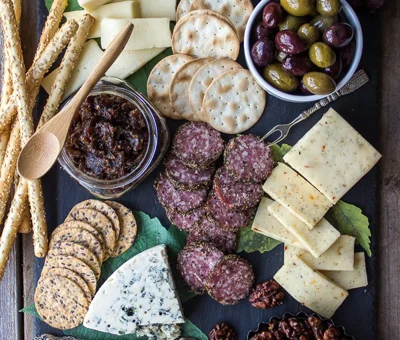 Date night cheese board with bacon onion jam