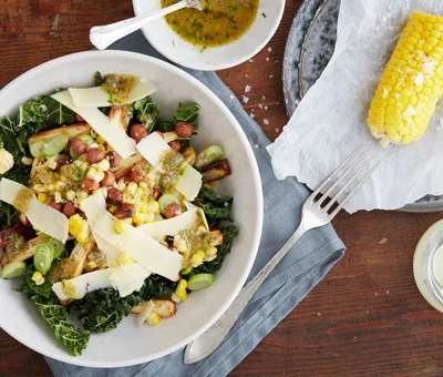 Autumn salad with corn, parsnips, Havarti and nuts