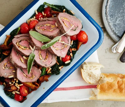 Veal roll with mushrooms, cheddar and sage