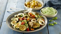 Grilled vegetables with edamame hummus