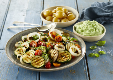 Grillede grøntsager med edamamehummus
