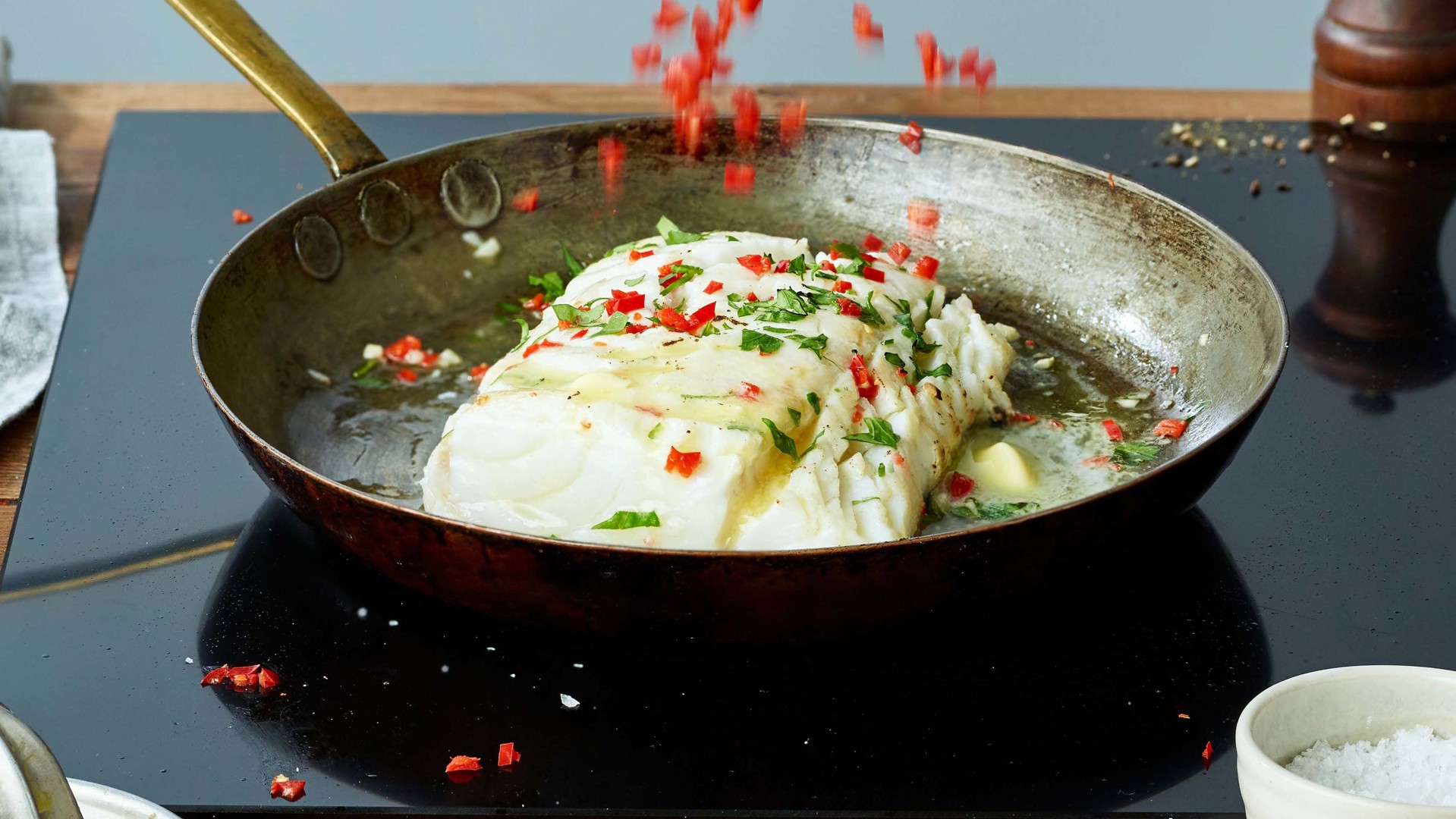 Pan fried cod with chilli, coriander and lime