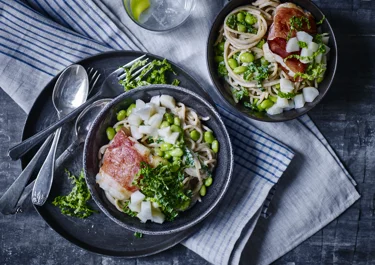 Spaghetti og torsk med parmaskinke