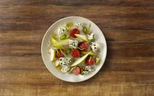 Blue Cheese with chorizo, pear and chili-lime syrup