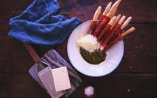 Bresaola wrapped grissini with Cheddar and basil sauce