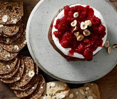 Chocolate Hazelnut Filled Brie With Roasted Raspberries