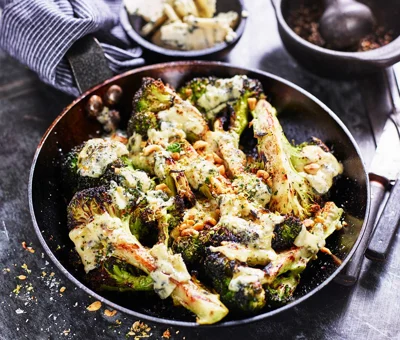 Grilled broccoli with Blue Cheese and roasted hazelnuts