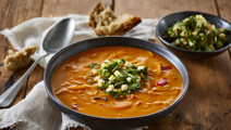 Tomatsuppe med peberfrugt og sprød gremolata
