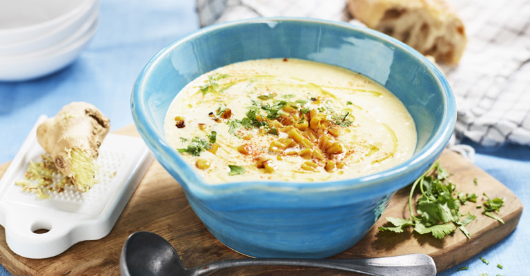 Roasted sweetcorn soup with ginger and coriander 