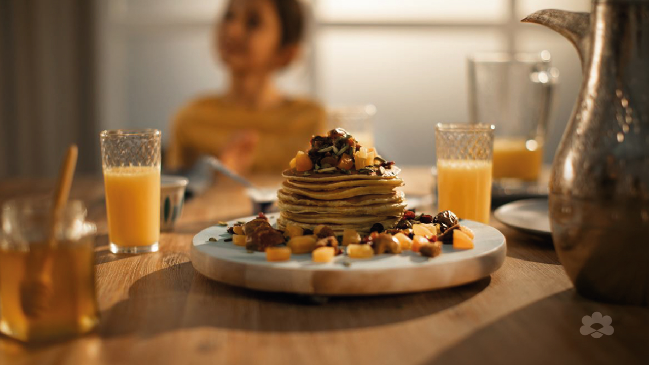 Saffron & Rosewater Pancakes with Dried Fruits and Natural Cream Cheese