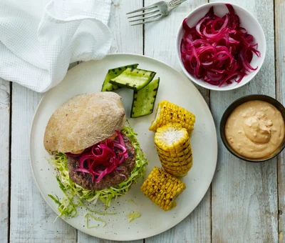 Beef Burger with Cabbage and Grilled Vegetables