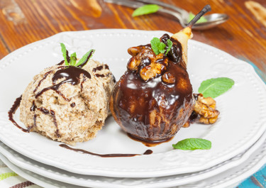 Pear Ice Cream with Chocolate Sauce and Meringue
