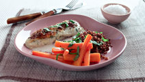 Gratinerede skrubbefileter med ovnstegte gulerødder og quinoa
