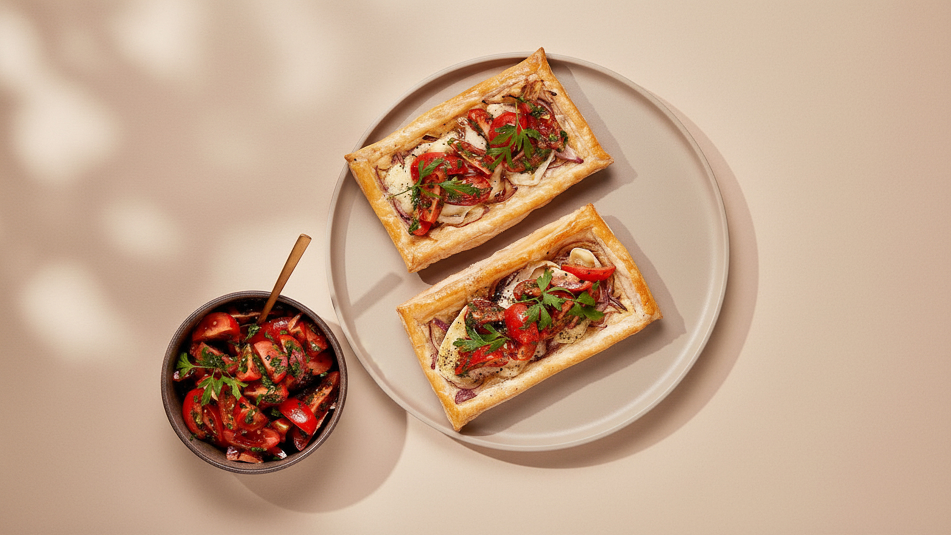 Onion puff pastry tart with cheese and tomatoes