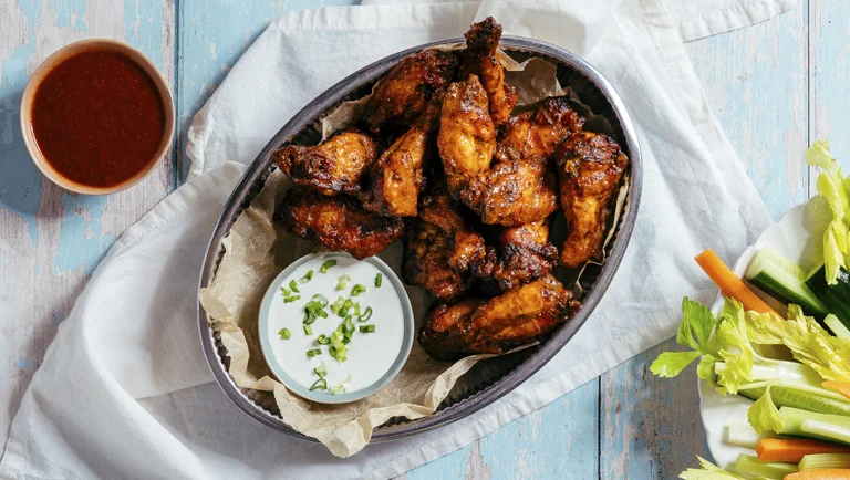 Chili-inkivääri wingsit, sinihomejuustodressing ja hot sauce