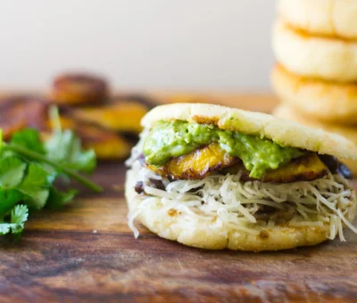 Plantain, black bean and Havarti arepas