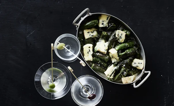 Dry Martini with Double Crème Blue & Padron Peppers