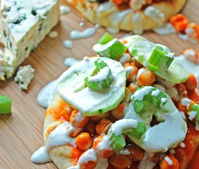 Buffalo chickpea flatbreads with Blue Cheese drizzle