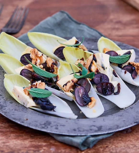 Belgium Endive with Blue Cheese, grapes and sage