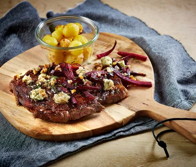 Grilled steak with beets and blue cheese