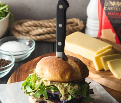 Red, White and Blueberry Bacon Burger with Basil Aioli