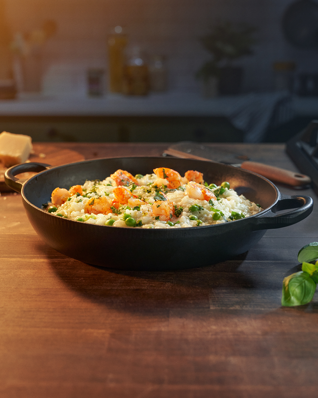 Risotto con guisantes verdes y gambas