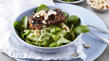 Sesampanerad lax med zucchinipasta, grön currysås och cashewnötter