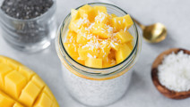 Chia Pudding with Cream Cheese, Mango and Coconut Chips